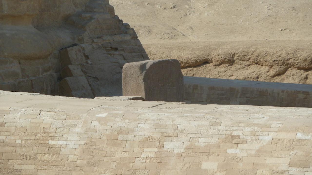 The Dreme Stele of Thutmose IV between the legs of the Sphinx in Giza