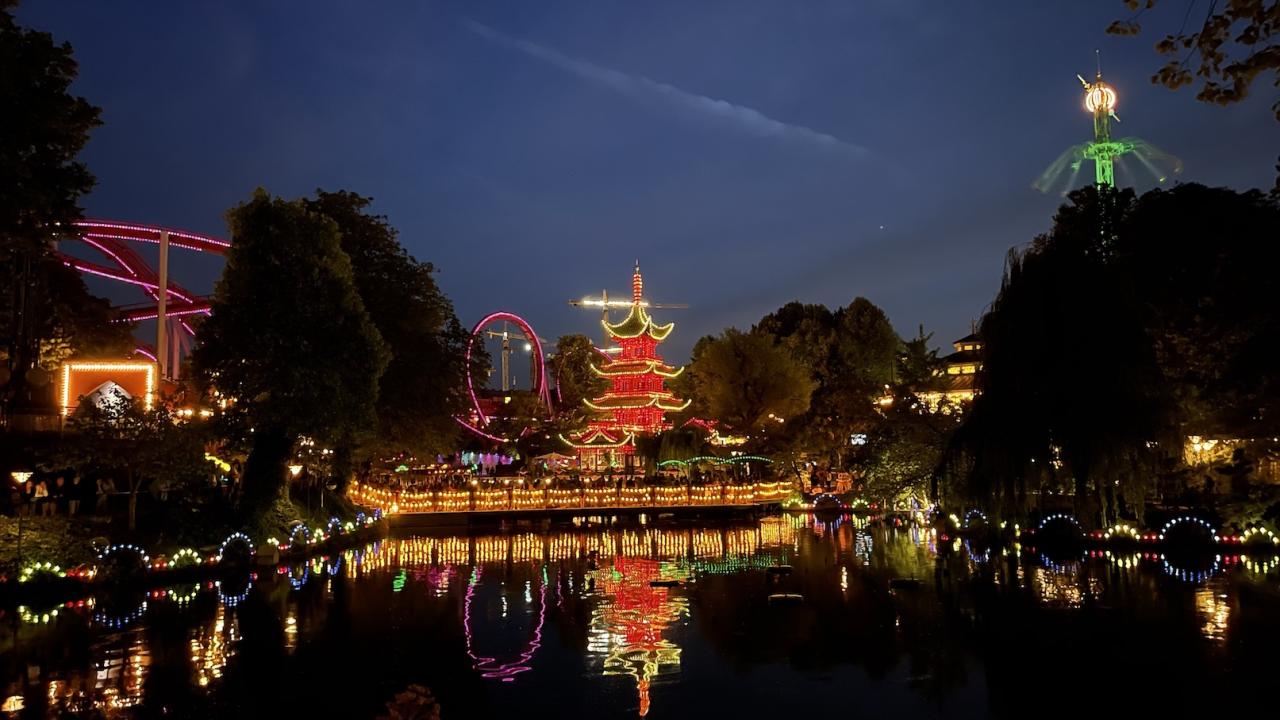 Tivoli Gardens - The Chinese tower and the boating lake by night