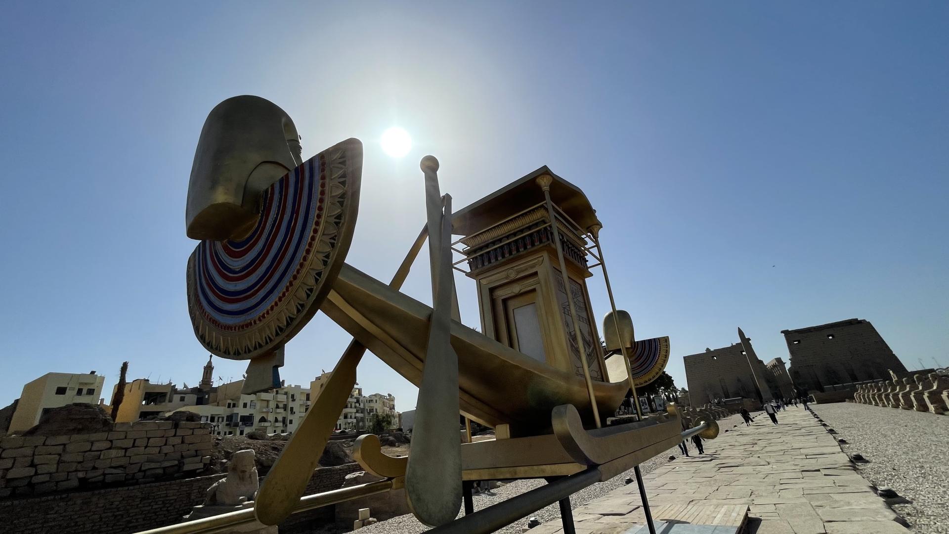 The Alley of the Spinxes in Luxor with Sun Barge of Ra